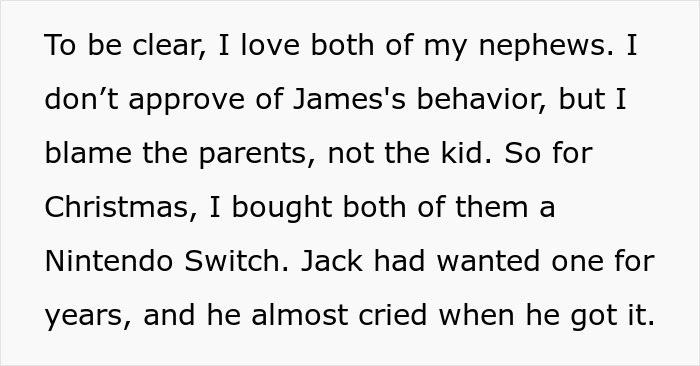 Text about an uncle's gift to nephews discussing family dynamics and addressing parental accountability.