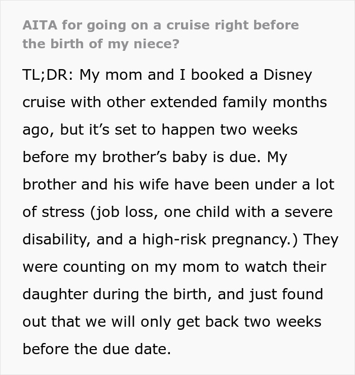 Text recounting a mom's decision not to cancel a pre-scheduled cruise despite potential early childbirth concerns.