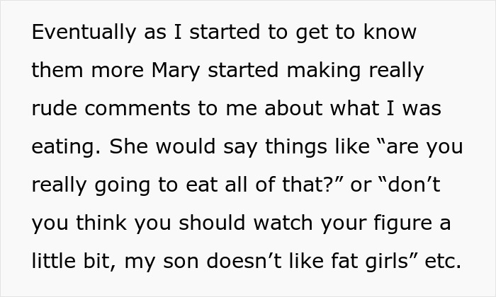 Text discussing rude comments about eating habits and figure from boyfriend’s mom. Text discussing rude comments about eating habits and figure from boyfriend’s mom.