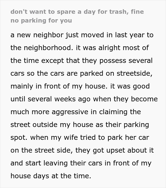 Text about neighbor disputes over parking spaces.