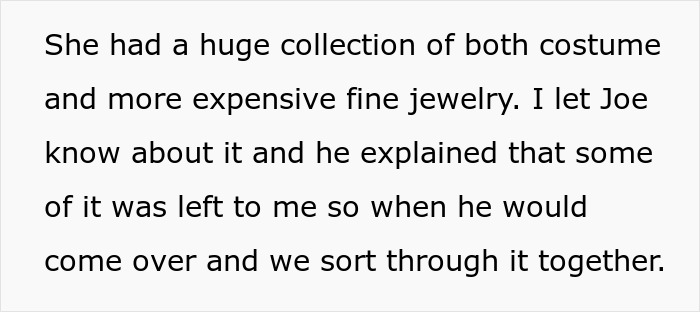 Text about a woman's jewelry collection and discussing sorting it with Joe. Text about a woman's jewelry collection and discussing sorting it with Joe.