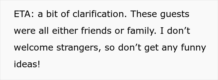 Text image about houseguests who are friends or family, mentioning strangers are not welcomed in the home.