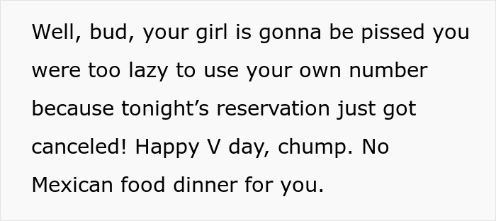 Cancellation message jokes about using someone else's number for V-Day reservation.