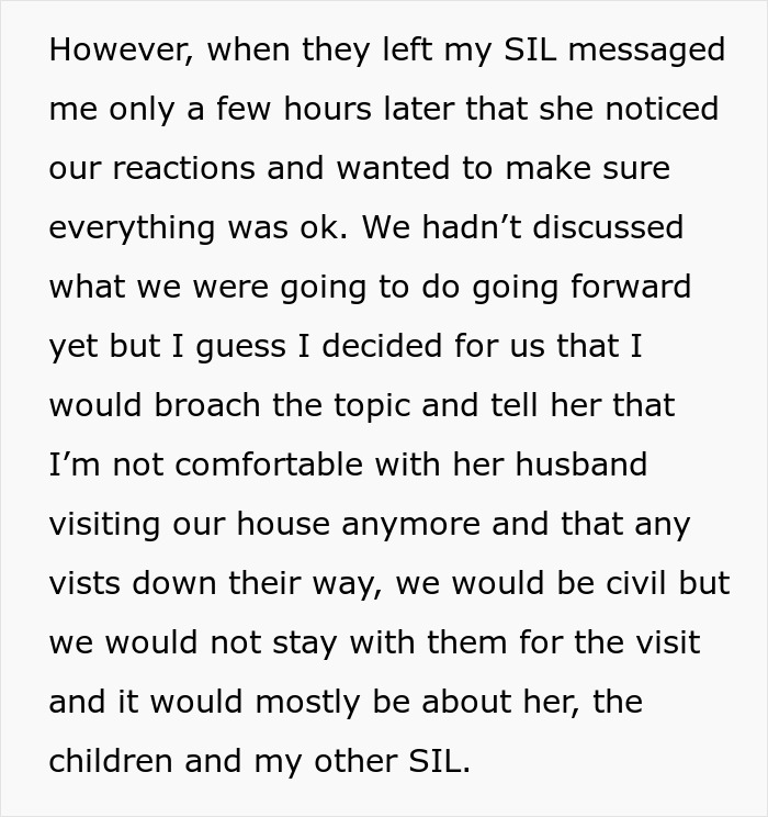 Text discussing discomfort with brother-in-law visiting due to his behavior. Text discussing discomfort with brother-in-law visiting due to his behavior.