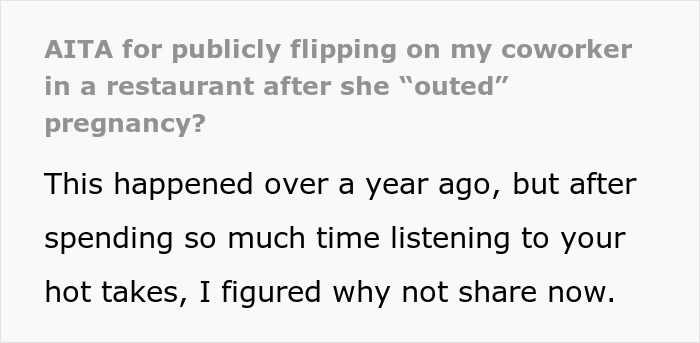 Text exchange revealing a conflict over a coworker outing a pregnancy publicly. Text exchange revealing a conflict over a coworker outing a pregnancy publicly.