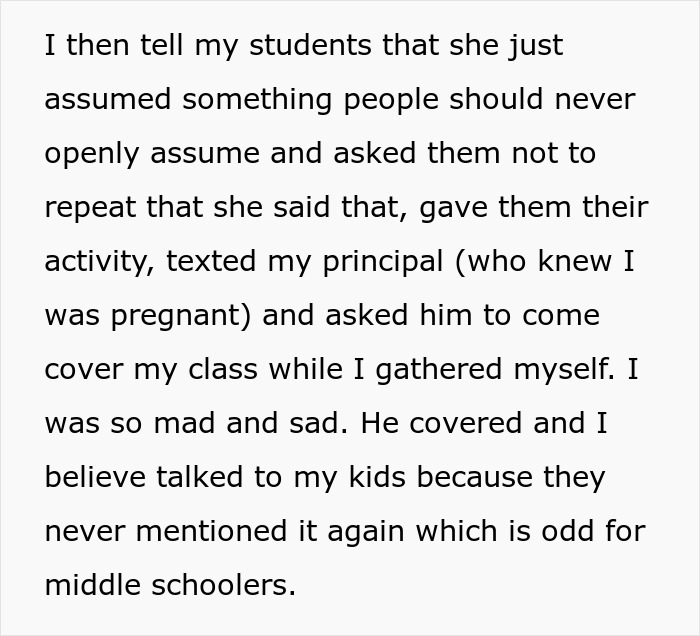 Text about handling a coworker's incorrect pregnancy assumption and discussing it with students and a principal. Text about handling a coworker's incorrect pregnancy assumption and discussing it with students and a principal.