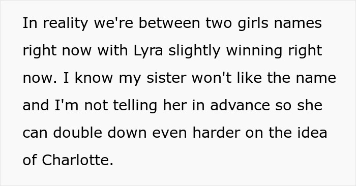 Text discussing a debate over baby names, with a sister preferring Charlotte inspired by Bridgerton.