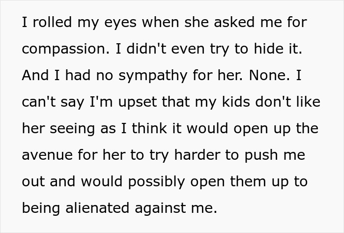 Text about a mom unwilling to show sympathy to her kids' stepmom over bonding issues. Text about a mom unwilling to show sympathy to her kids' stepmom over bonding issues.