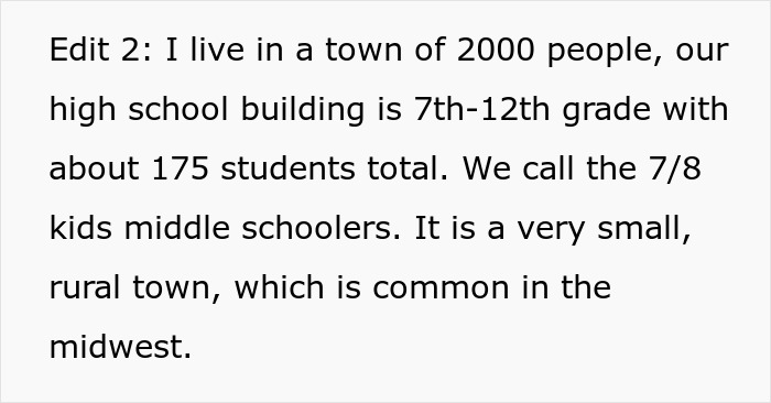 Text discussing a small Midwest town with 2000 residents, detailing school size and grade levels, including middle schoolers. Text discussing a small Midwest town with 2000 residents, detailing school size and grade levels, including middle schoolers.