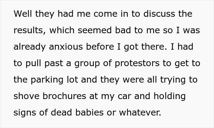Text about an anxious woman encountering protestors while visiting Planned Parenthood.
