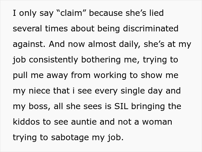 Text describing a situation about a niece bothering someone at work, mentioning issues with a sister-in-law.