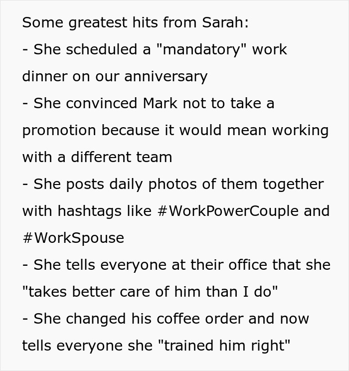 Text detailing the intrusive actions of a 'work wife,' affecting a man's actual wife.