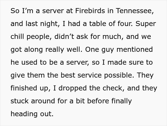 Text about server experience with a generous guest tip at Firebirds in Tennessee. Text about server experience with a generous guest tip at Firebirds in Tennessee.