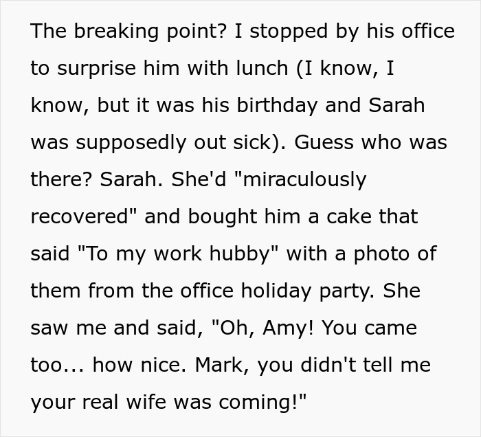 Text describing a tense office scene where a "work wife" surprises a man's real wife with a birthday cake.