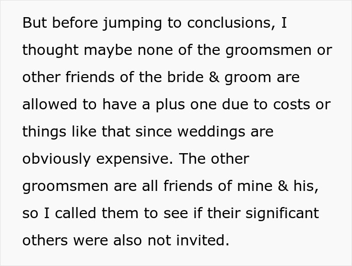 Text about wedding costs and plus-one restrictions for groomsmen. Text about wedding costs and plus-one restrictions for groomsmen.