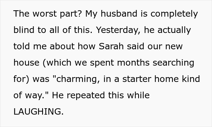 Text about a husband's obliviousness to the impact of his work wife's comments on his real wife.
