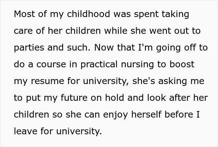 Text discussing a teen prioritizing her future in nursing over babysitting sister's kids.
