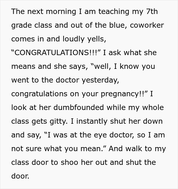 Text conversation where a woman shuts down a nosy coworker announcing her pregnancy at work. Text conversation where a woman shuts down a nosy coworker announcing her pregnancy at work.