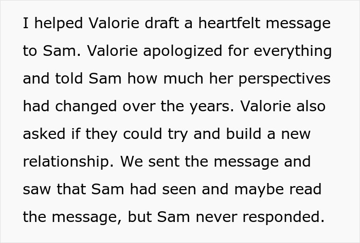 Text discussing inheritance and relationship issues between Valorie and Sam in a heartfelt message.