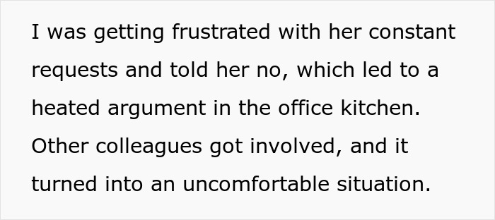 Text describing a workplace argument over bringing extra food, highlighting team spirit issues, in an office kitchen setting.