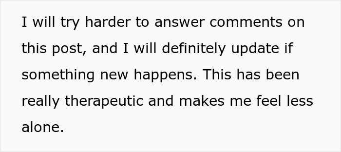 Text sharing feelings of being less alone and promising updates on a post, related to a &lsquo;work wife&rsquo; issue.