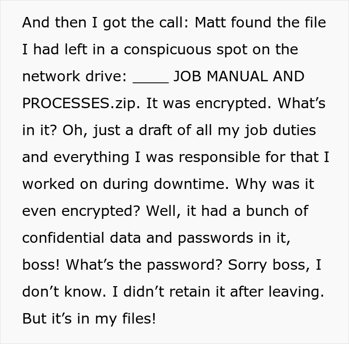 Text about a boss finding an encrypted job manual file containing confidential data and passwords on the network drive. Text about a boss finding an encrypted job manual file containing confidential data and passwords on the network drive.