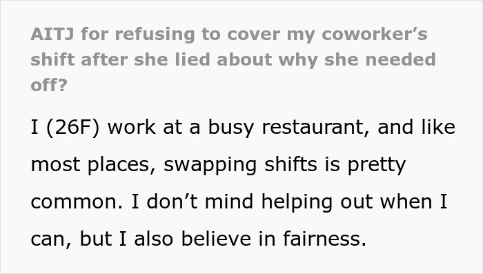 Text discusses a restaurant worker covering a coworker's shift due to a false excuse.