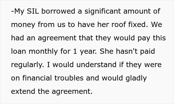 Text detailing son-in-law issues with in-laws over a repayment agreement for borrowed money. Text detailing son-in-law issues with in-laws over a repayment agreement for borrowed money.