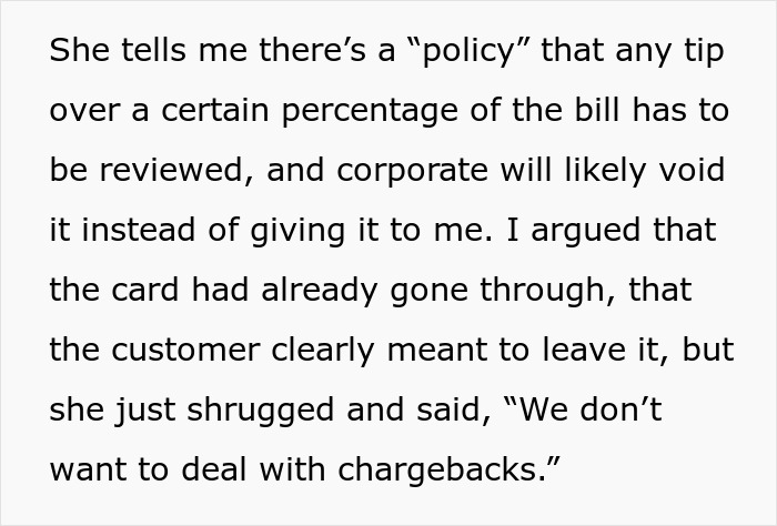 Policy explanation text about server not receiving $2,500 tip due to corporate rules and chargeback concerns. Policy explanation text about server not receiving $2,500 tip due to corporate rules and chargeback concerns.