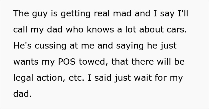 Text excerpt detailing an argument with an entitled neighbor over driveway parking. Text excerpt detailing an argument with an entitled neighbor over driveway parking.