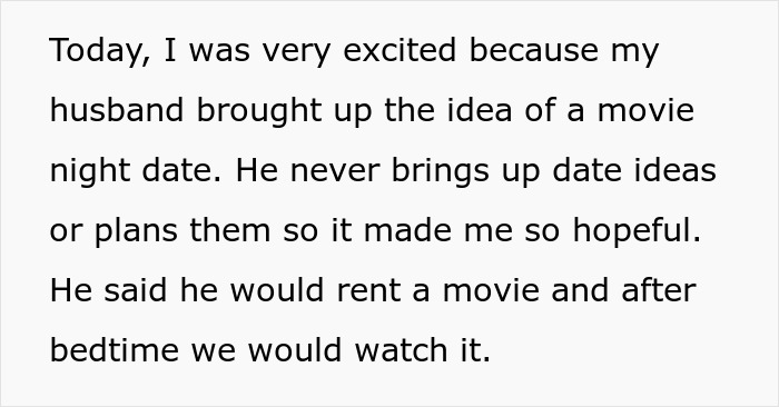 Text on a white background about a husband's rare initiative for a movie date night, highlighting excitement and hopefulness.
