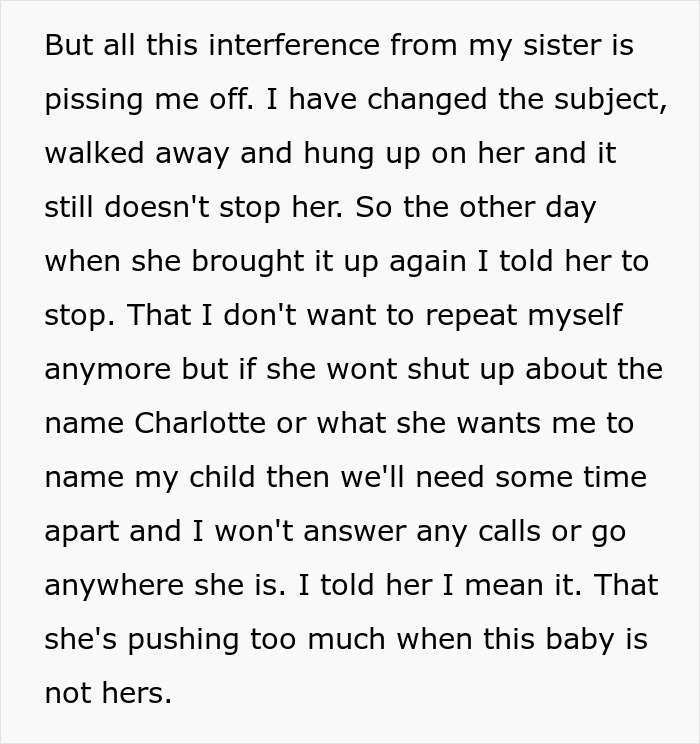 Text excerpt discussing sibling's insistence on naming a baby 'Charlotte', despite objections.