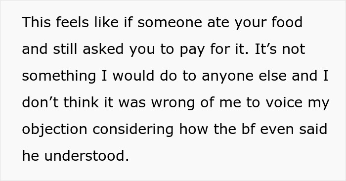 Text expressing a woman's viewpoint on not paying for friends' meal taken home. Text expressing a woman's viewpoint on not paying for friends' meal taken home.