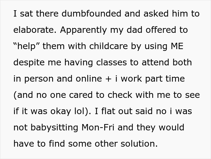 Text message expressing frustration over being volunteered as a babysitter without consent, with refusal to help.