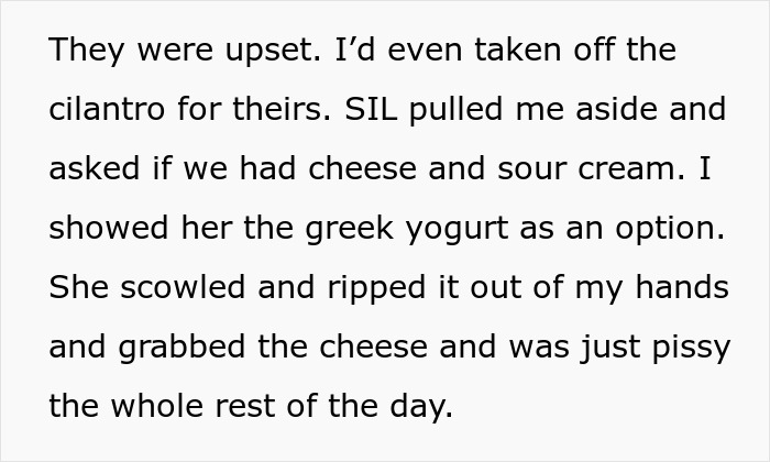 Text snippet about in-laws upset over sauce and children's meals.