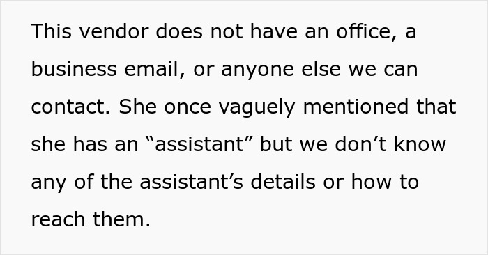 Text screenshot about a vendor missing contact details, related to wedding deposit issues.