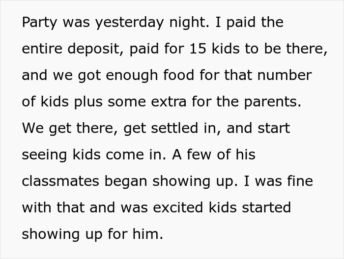 Text about a parent preparing a party; mentions kids attending, food, and excitement for guests.