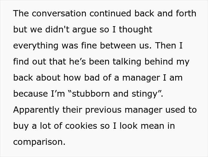 Text about a man criticizing his manager for not buying Girl Scout cookies. Text about a man criticizing his manager for not buying Girl Scout cookies.