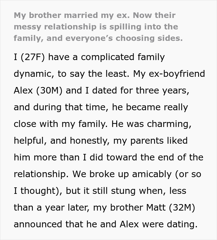 Text about a complicated family dynamic involving a brother marrying his sister's ex-boyfriend.