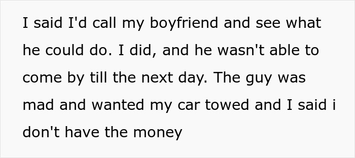 Text about a neighbor upset over driveway parking, with a person unable to move their car until the next day. Text about a neighbor upset over driveway parking, with a person unable to move their car until the next day.