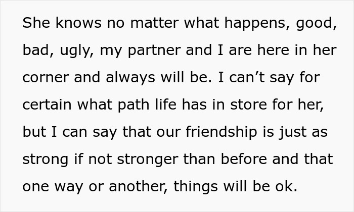 Text from an article discussing testing a woman as a potential mother, highlighting support and friendship. Text from an article discussing testing a woman as a potential mother, highlighting support and friendship.