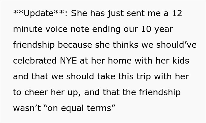 Text discussing friendship issues over child-free vacation plans.