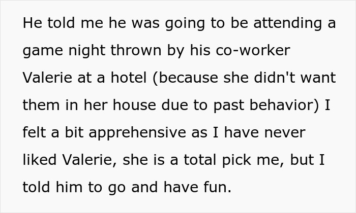 Text about husband attending a coworker's game night at a hotel, wife feeling apprehensive.