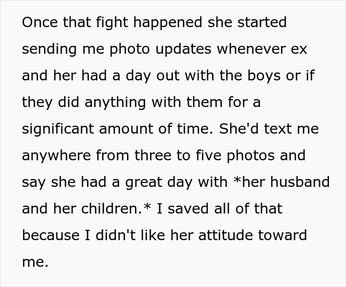 Text message recounting stepmom's attempts to bond with her husband's children, shared out of annoyance. Text message recounting stepmom's attempts to bond with her husband's children, shared out of annoyance.