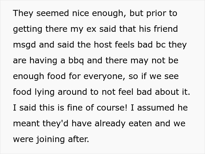 Text message about a barbecue, explaining that guests may only have leftovers as there might not be enough food for everyone.