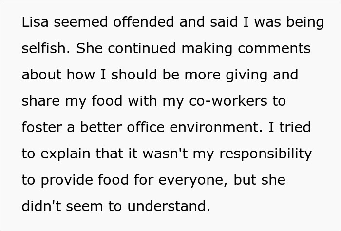 Text discussing a coworker's insistence on sharing food to foster team spirit.