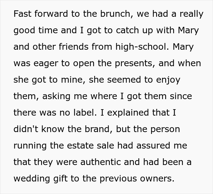 Text recounting a woman gifting fancy glasses from an estate sale to a friend, leading to curiosity about their origin.