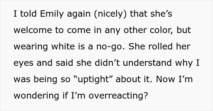 Text from a woman about her bro's fianc&eacute;e planning to wear white to her wedding.