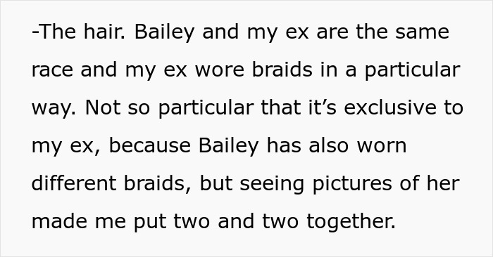 Text discussing hair similarities between a husband&rsquo;s ex and his wife, noting the shared style of braids.