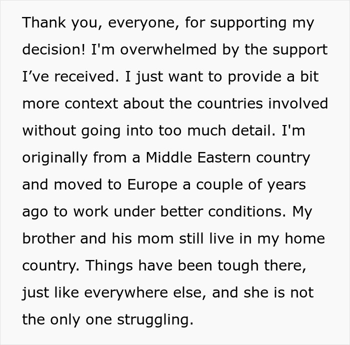 Text about someone's decision on family support, mentioning Middle Eastern and European context, brother, and mom's struggles.